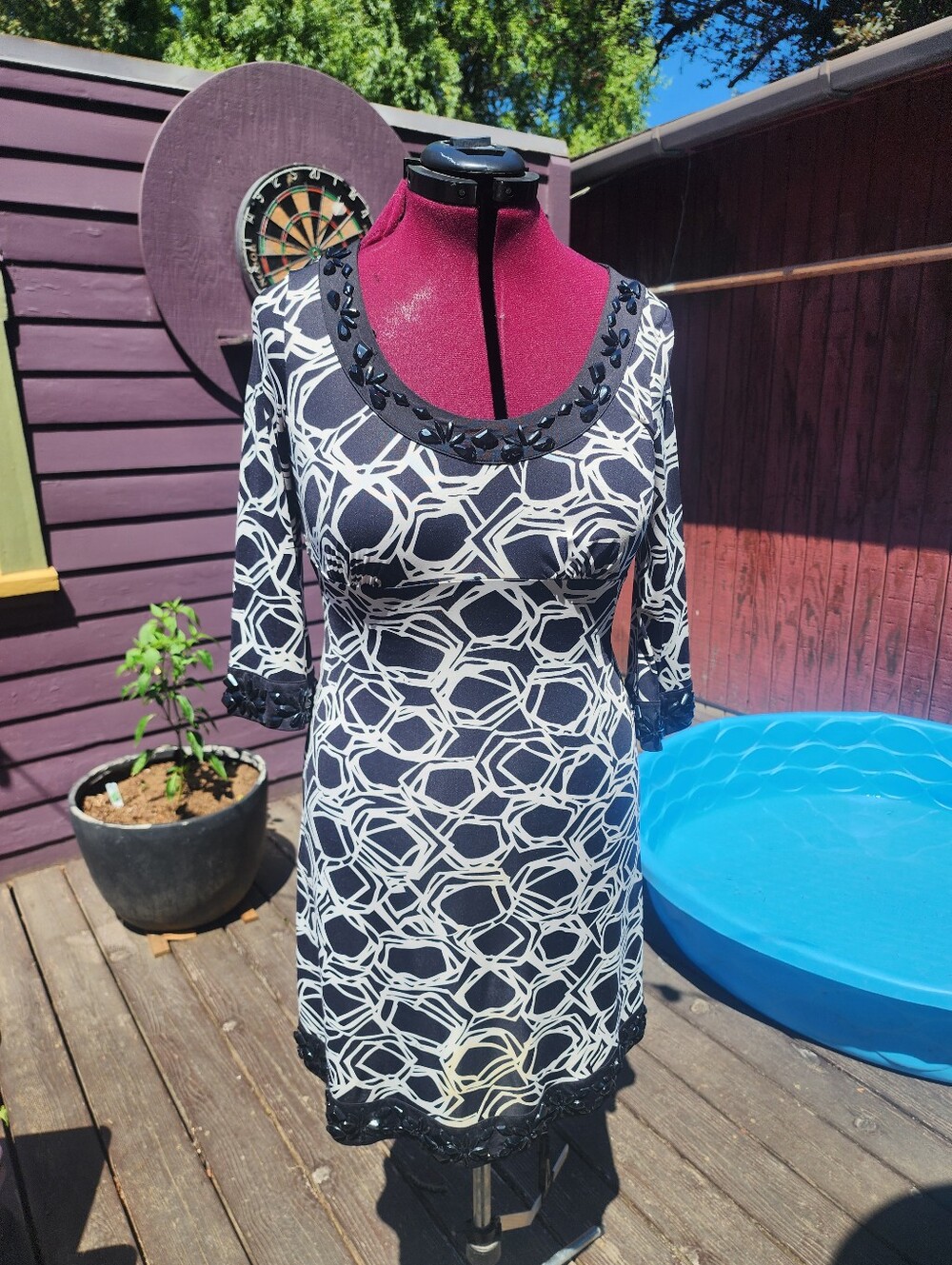 Black & White Geometric Print Dress with Embellished Neckline